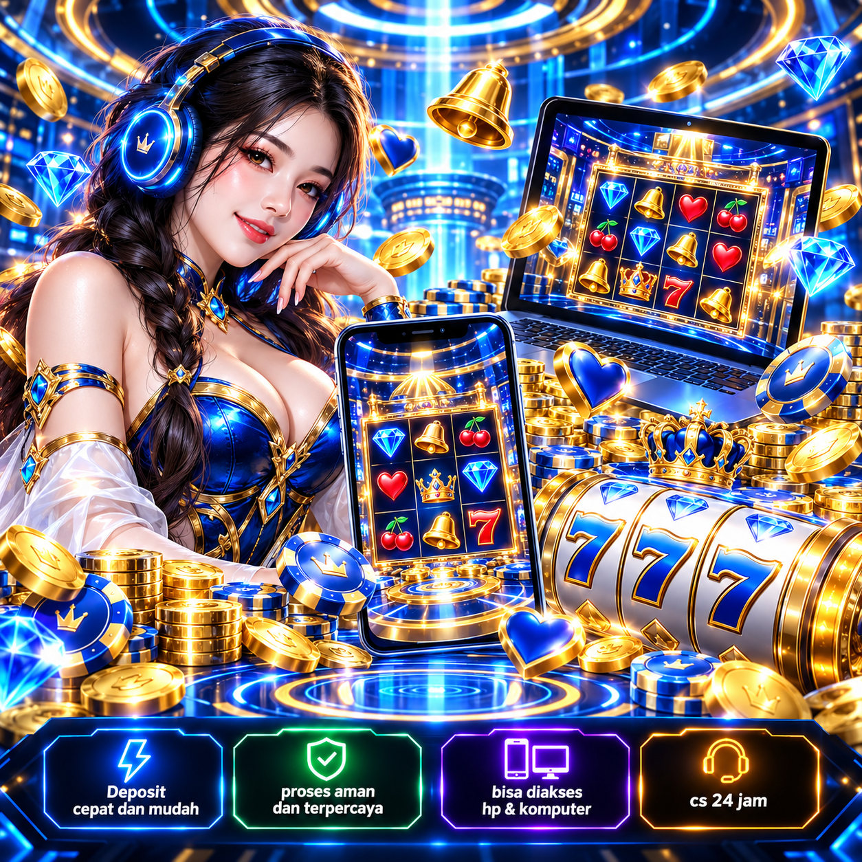 Ilustrasi ZEUS838 bernuansa biru dan emas dengan perangkat hiburan digital